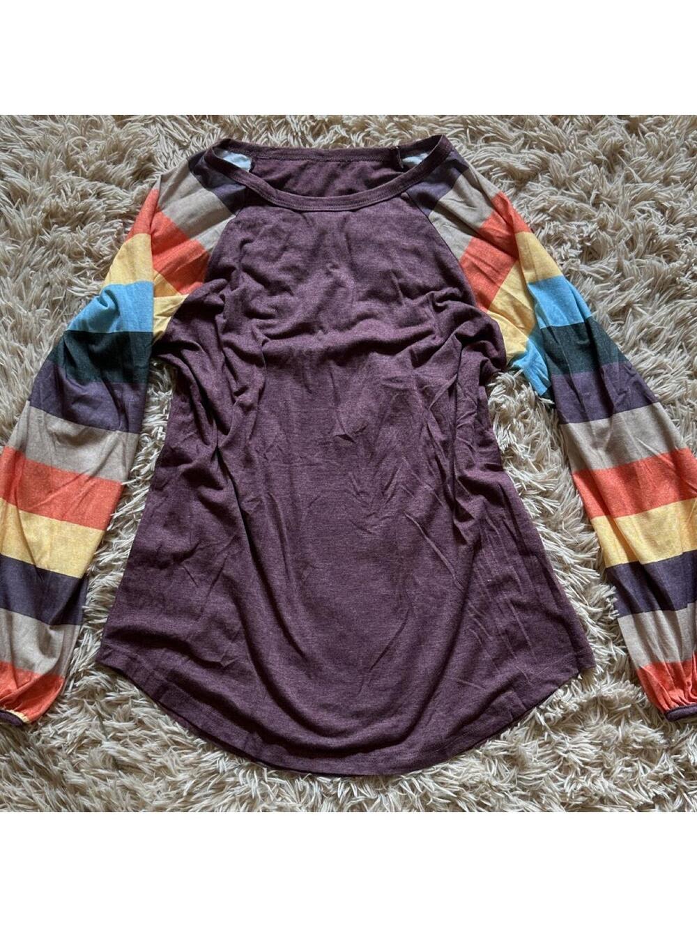 Women's Burgundy Button-Up Shirt with Multi-Color Striped Sleeves, Size Small